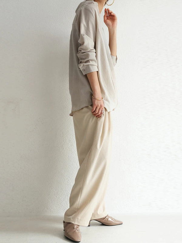 Loose Ramie Cotton Asymmetric Solid Color Blouse Top