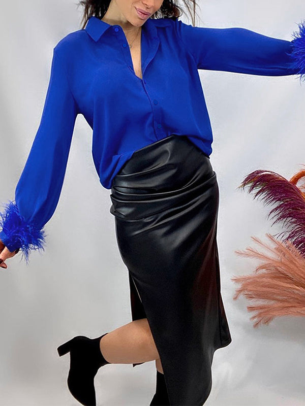 Loose Wrap Feathers Solid Color Split-Joint Lapel Collar Blouses&Shirts Tops
