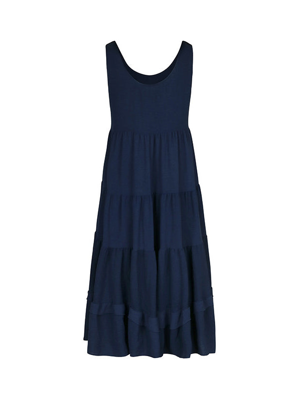 Buttoned Solid Color Tiered Loose Sleeveless Round-neck Midi Dresses