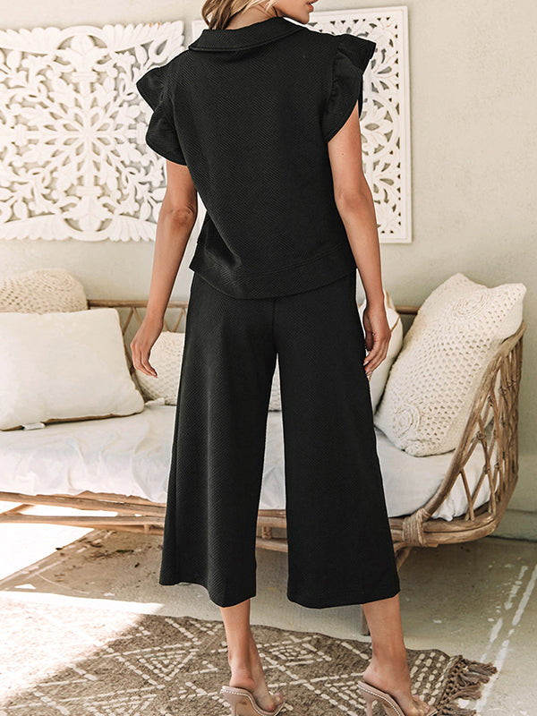 Solid Color Zipper Loose Ruffle Sleeves Split-Joint Lapel T-shirt Top + Drawstring Pockets Pants Bottom Two Pieces Set