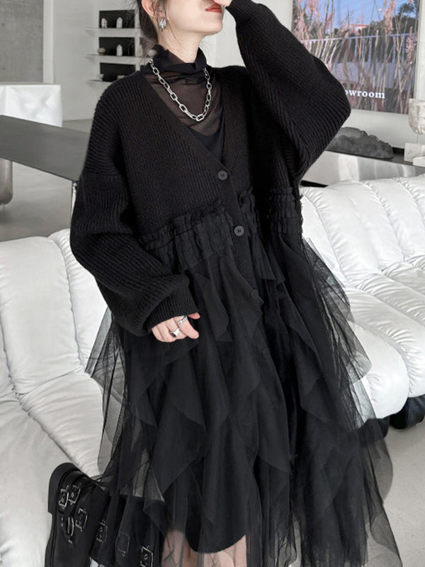 Buttoned Pleated Solid Color Split-Joint Tulle Velvet Long Sleeves Loose V-Neck Cardigan Tops
