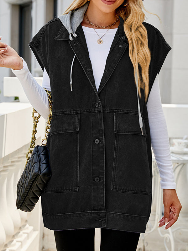 Buttoned Detachable Hooded Pockets Split-Joint Loose Sleeveless Lapel Collar Vest Outerwear
