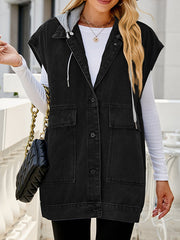 Buttoned Detachable Hooded Pockets Split-Joint Loose Sleeveless Lapel Collar Vest Outerwear