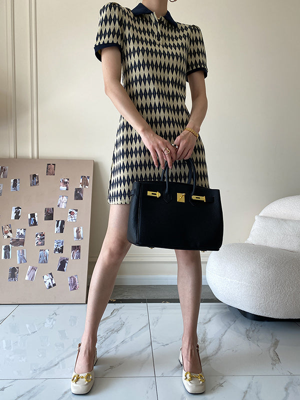 Original Plaid Knitting Lapel Collar Short Sleeves Mini Dress