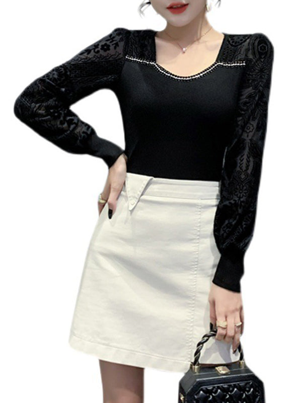 Rhine Stones Split-Joint Velvet Long Sleeves Skinny Square-Neck T-Shirts Tops