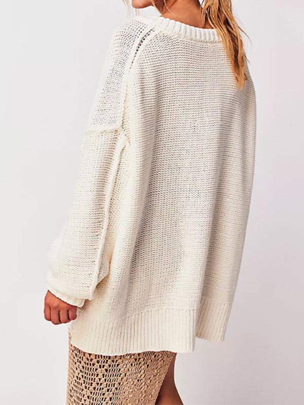 Solid Color Velvet Long Sleeves Loose V-Neck Sweater Tops Pullovers