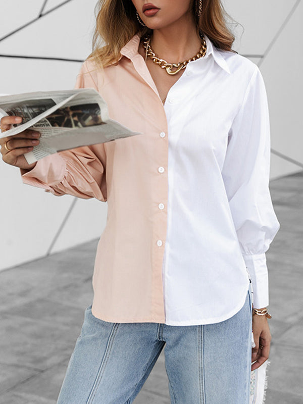 Buttoned Contrast Color Long Sleeves Loose Lapel Blouses&Shirts Tops