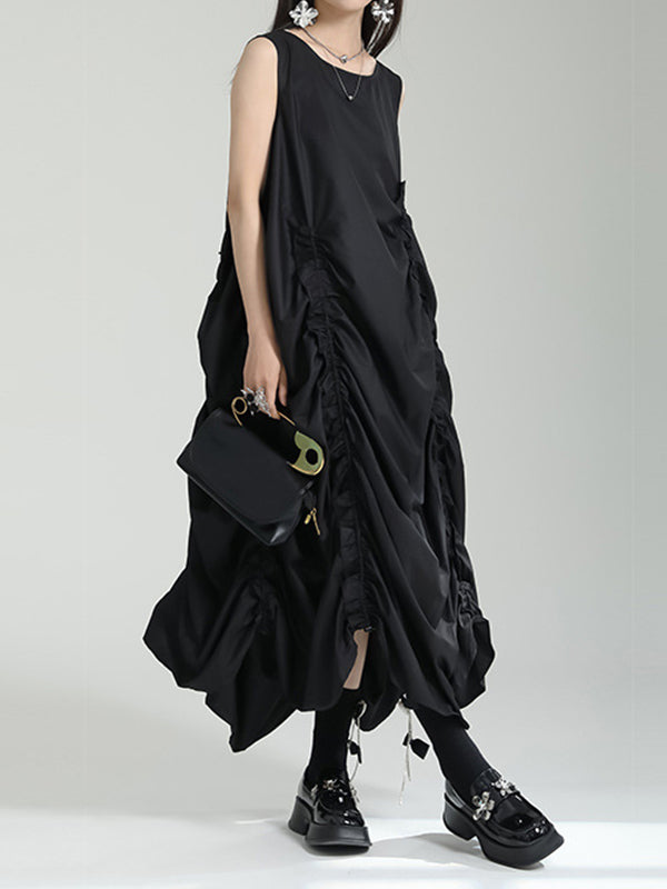 Solid Color Irregular clipping Loose Round-neck Midi Dresses