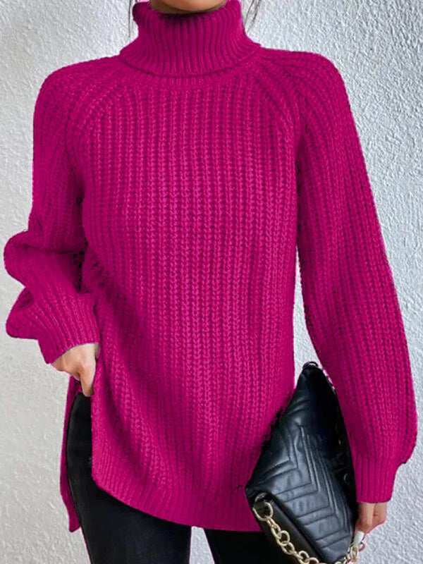 Solid Color Split-side Long Sleeves Loose High Neck Sweater Tops Pullovers