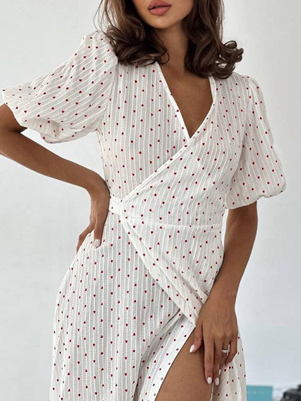 Elasticity Heart Print Jacquard Polka-Dot Split-Joint Tied Waist A-Line High Waisted V-Neck Midi Dresses