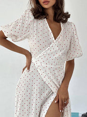Elasticity Heart Print Jacquard Polka-Dot Split-Joint Tied Waist A-Line High Waisted V-Neck Midi Dresses