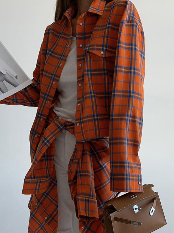 Buttoned Plaid Pockets Long Sleeves Loose Lapel Blouses&Shirts Tops