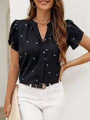 Pleated Polka-Dot Loose Short Sleeves V-Neck Blouses&Shirts Tops