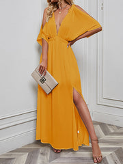 Solid Color Split-front Batwing Sleeves Loose Deep V-Neck Maxi Dresses