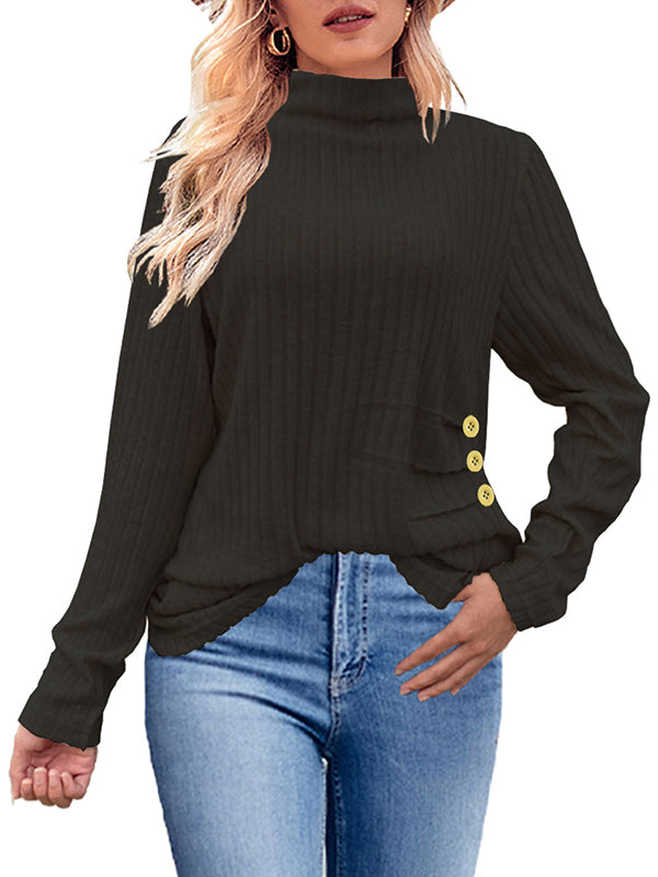 Buttoned Pleated Solid Color Long Sleeves Loose High Neck T-Shirts Tops