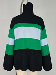 Contrast Color Split-Joint Flared Sleeves High-Low High Neck Sweater Tops Pullovers