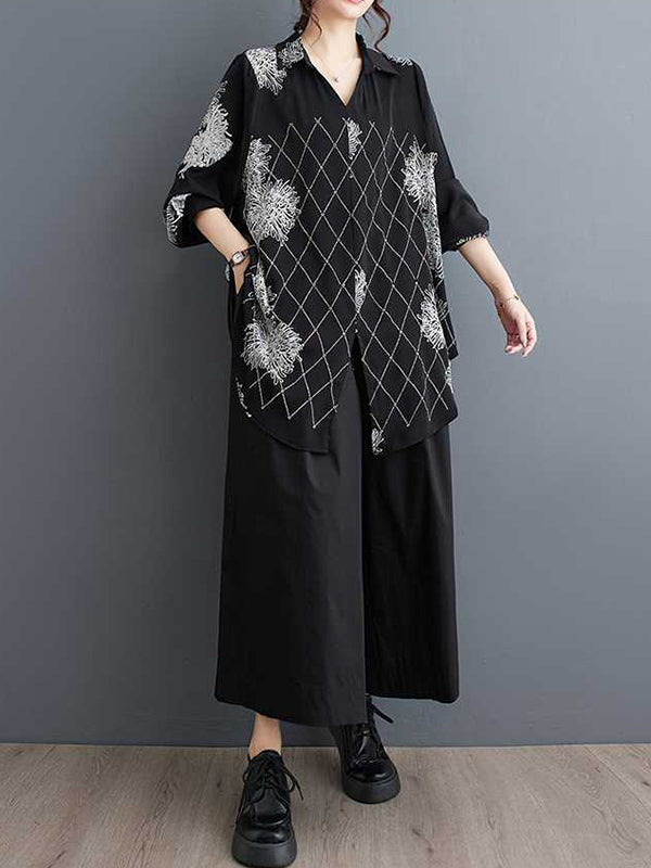Buttoned Flower Print Pleated Split-front Long Sleeves Loose Lapel Blouses&shirts Tops