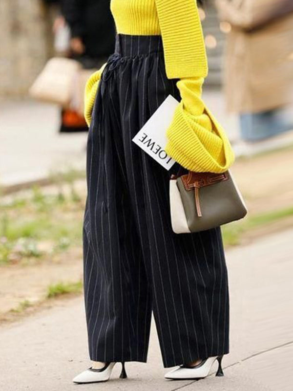 Drawstring Pleated Split-Joint Striped High Waisted Loose Trousers Pants