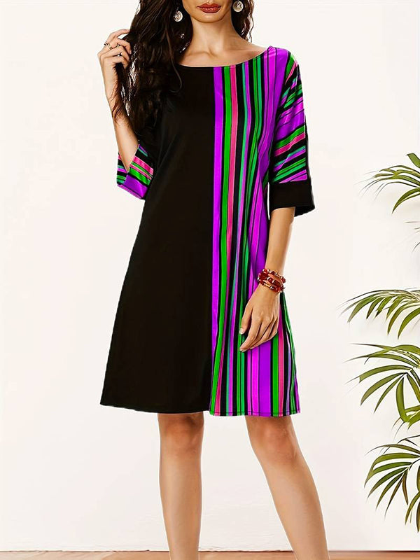 Asymmetric Contrast Color Striped A-line Half Sleeves Round-neck Mini Dresses