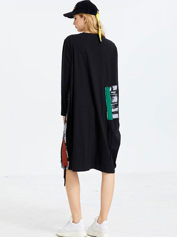 Original Split-Joint Contrast Color Long Sleeve Midi Dress