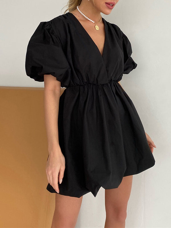 Pleated Solid Color Split-Joint Loose Puff Sleeves V-Neck Mini Dresses