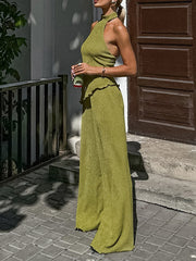 Solid Color Pleated Sleeveless Asymmetric High Neck Vest + Wide Leg Pants Two Pieces Set