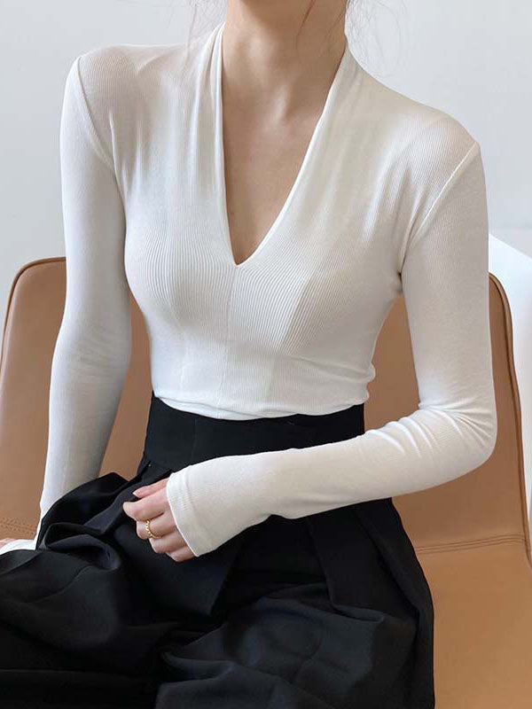 Solid Color Long Sleeves Skinny V-Neck T-Shirts Tops