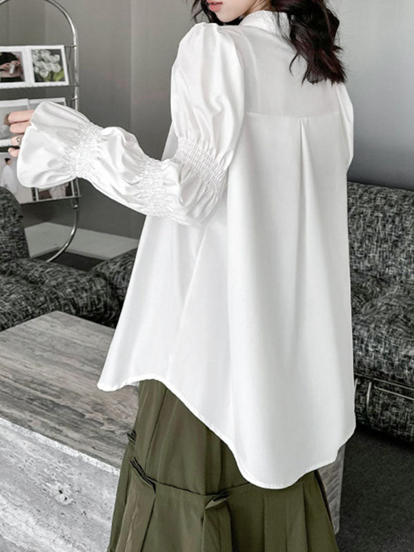 Pleated Solid Color Split-Joint Puff Sleeves Lapel Blouses