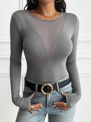 See-Through Solid Color Long Sleeves Skinny Deep V-Neck T-Shirts Tops