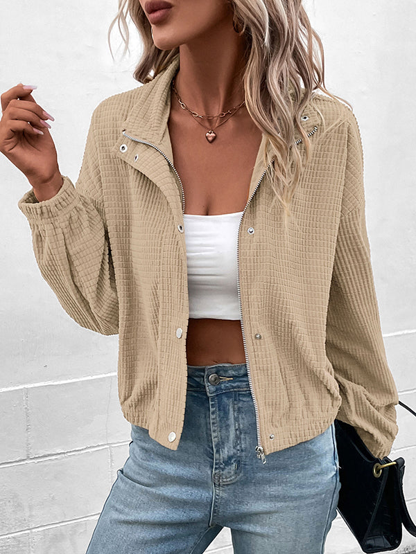 Buttoned Solid Color Zipper Long Sleeves Loose Lapel Jackets