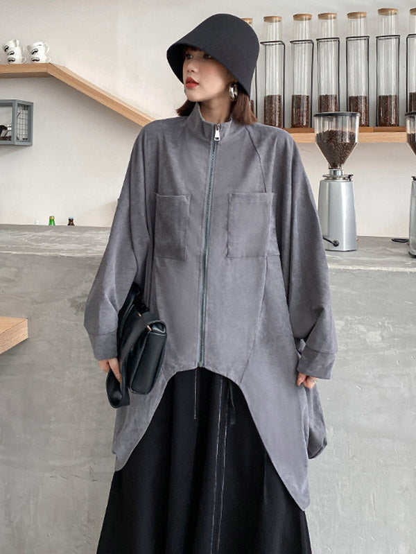 Casual Batwing Sleeves Loose Drawstring Zipper Stand Collar Jackets&Coats