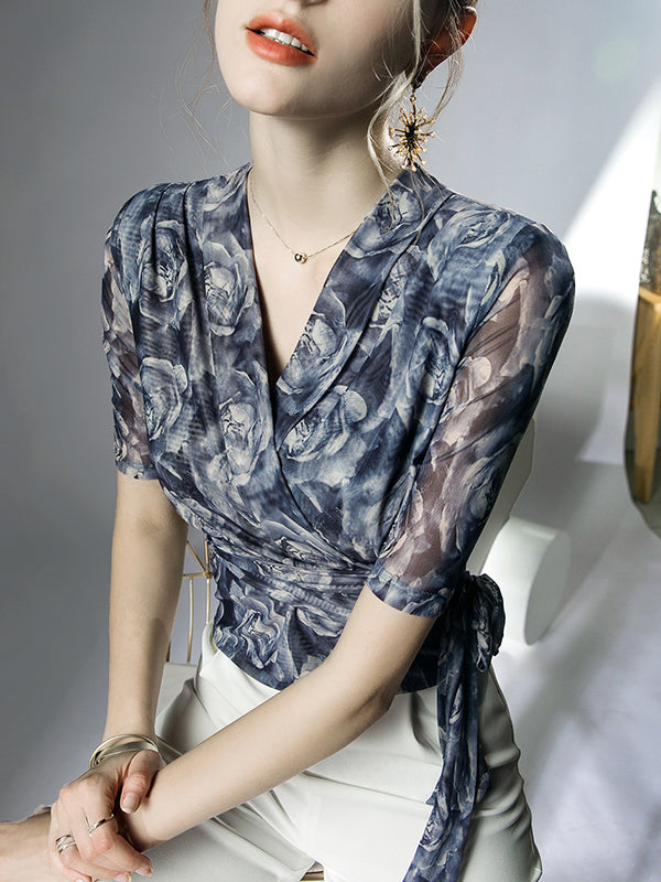 Flower Print Mesh Tied Half Sleeves Plus Size V-Neck Blouses&Shirts Tops