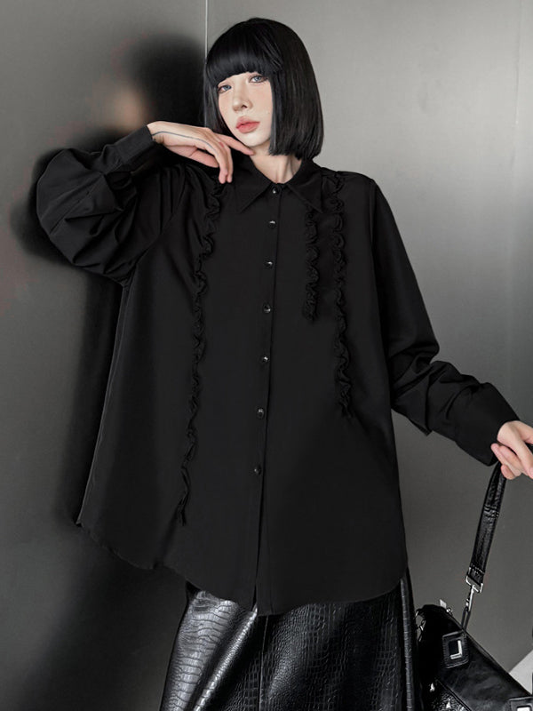 Buttoned Falbala Ruffled Solid Color Split-Joint Hipster Long Sleeves Lapel Blouses&shirts Tops