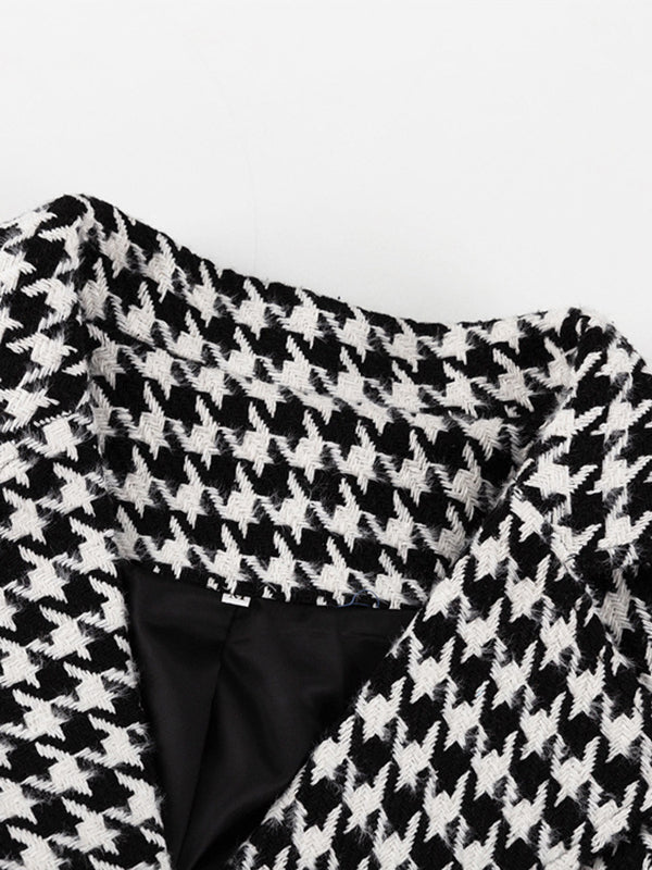 Houndstooth Split-back Split-Joint Tied Waist Long Sleeves Loose Lapel Trench Coats
