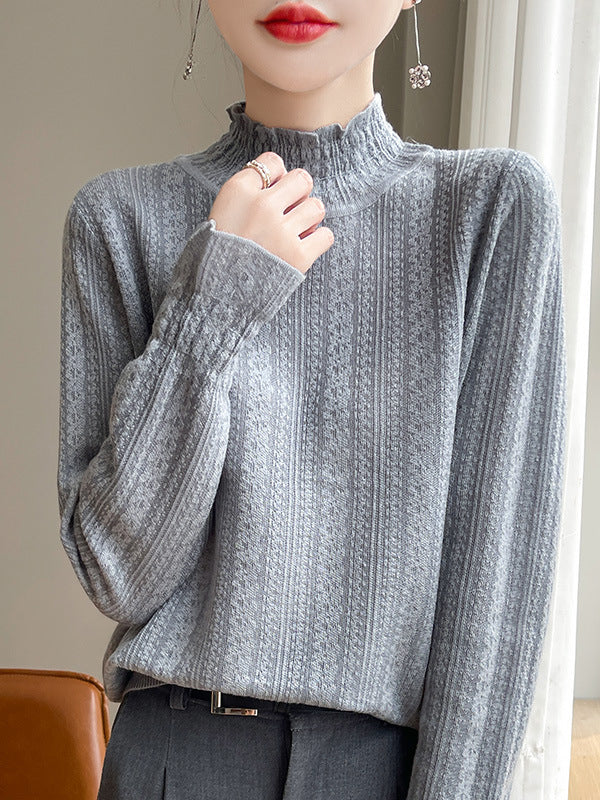 Elasticity Ruffle Trim Solid Color Long Sleeves Loose Mock Neck T-Shirts Tops