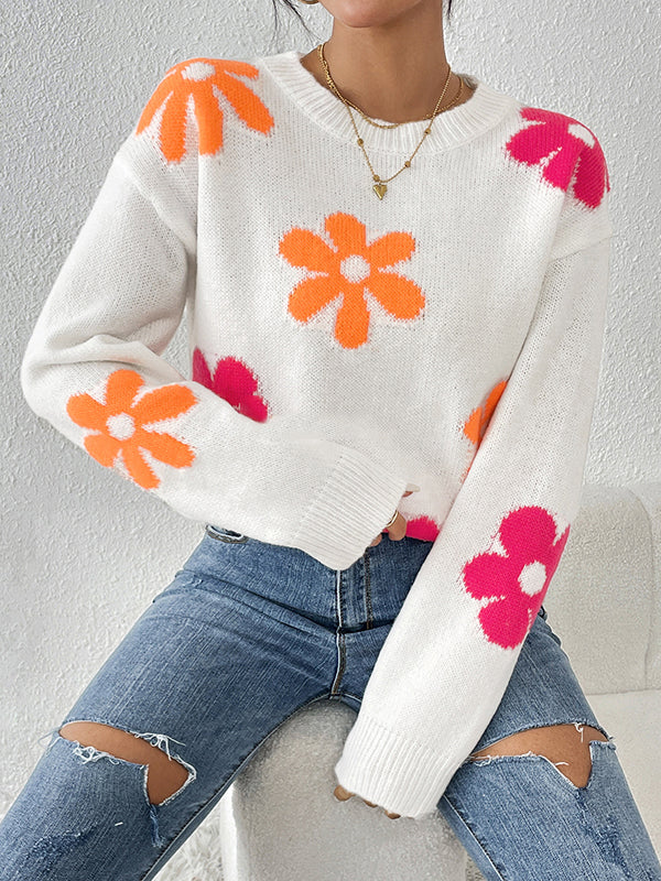 Contrast Color Flower Print Long Sleeves Loose Round-Neck Sweater Tops