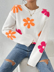 Contrast Color Flower Print Long Sleeves Loose Round-Neck Sweater Tops