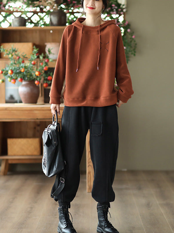 Simple Long Sleeves Loose Velvet Keep Warm Solid Color Hoodies Tops