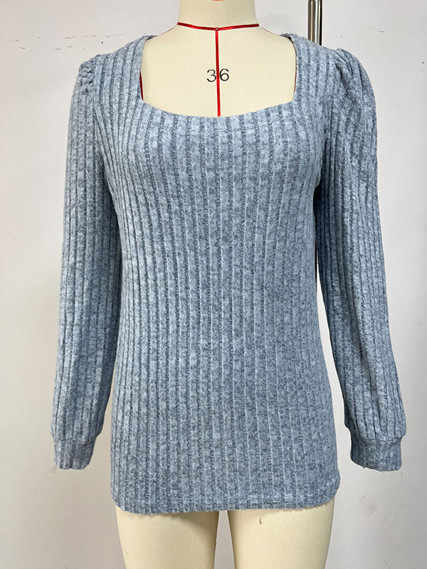 Solid Color Long Sleeves Loose Square-Neck T-Shirts Tops