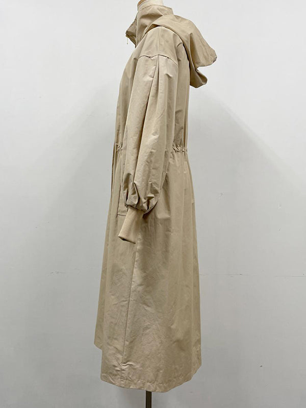 Loose Long Sleeves Drawstring Solid Color Zipper Hooded Trench Coats Outerwear