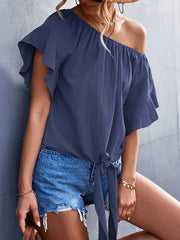 Elasticity Falbala Pleated Solid Color Tied Loose Short Sleeves Round-Neck T-Shirts Tops