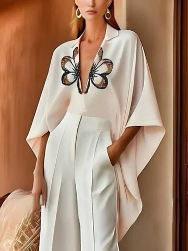 Flower Print Batwing Sleeves High-Low V-Neck Blouses&Shirts Tops
