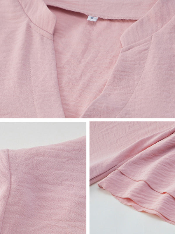 Falbala Solid Color Loose Short Sleeves V-Neck Mini Dresses