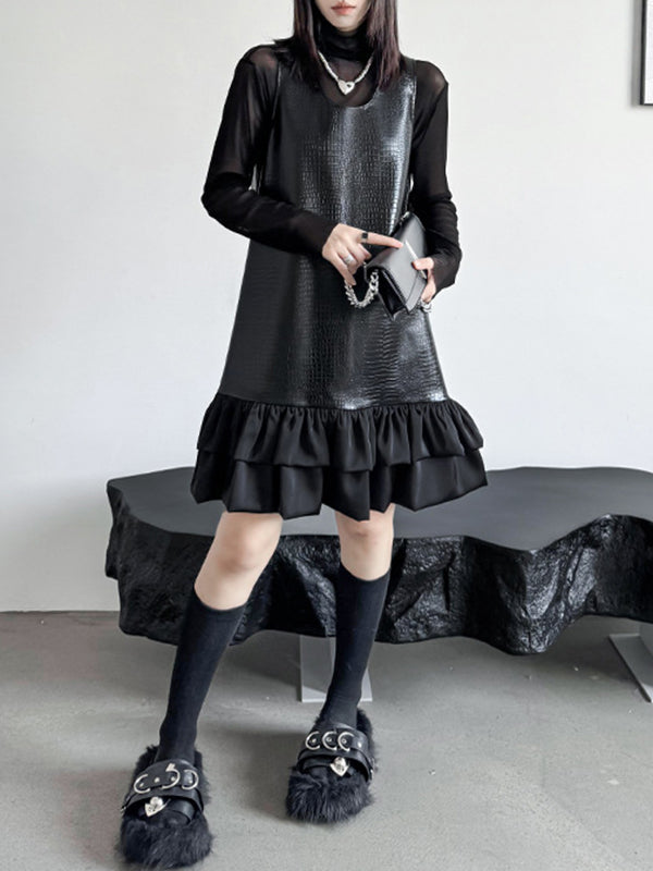 Pleated Split-Joint A-Line Loose U-Neck Mini Dresses