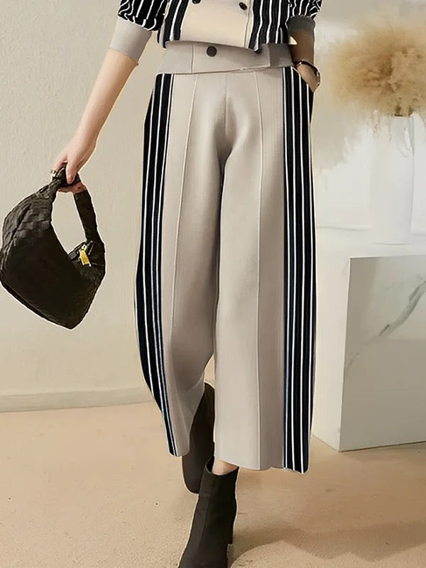 Contrast Color Pockets Striped Loose Wide Leg Trousers Pants