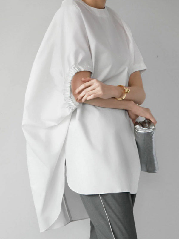 Elasticity Solid Color Split-side High-low Loose Round-neck T-Shirts Tops
