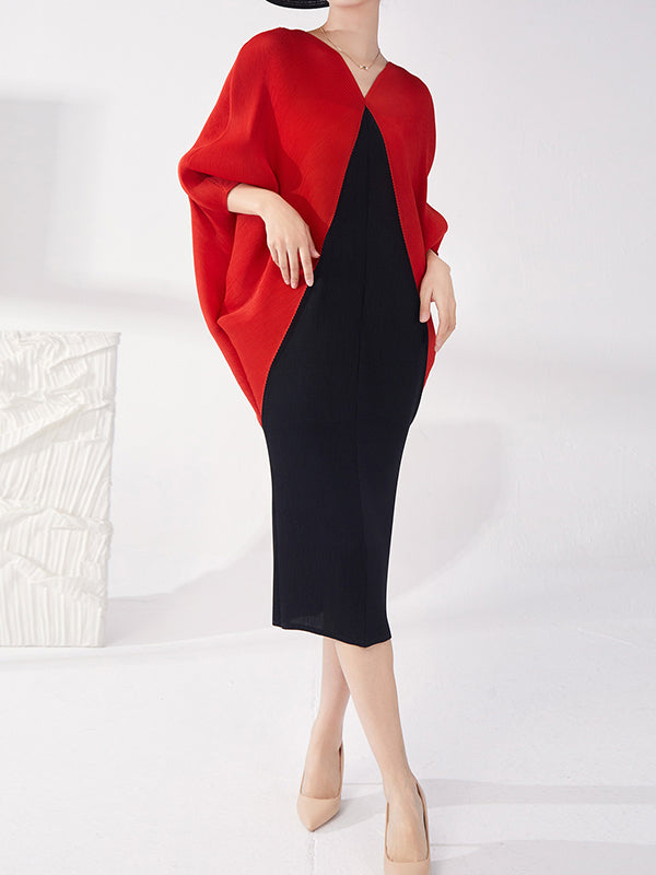Contrast Color Pleated Batwing Sleeves Loose Round-neck Midi Dresses