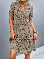 Flower Print Split-Joint Short Sleeves V-Neck Mini Dresses