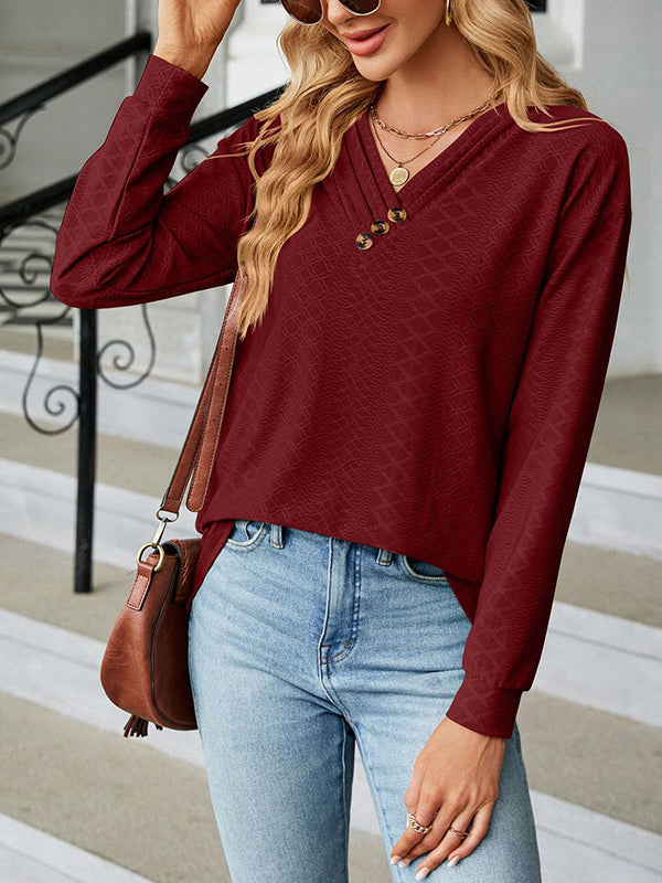 Split-Joint Long Sleeves Loose V-Neck T-Shirts