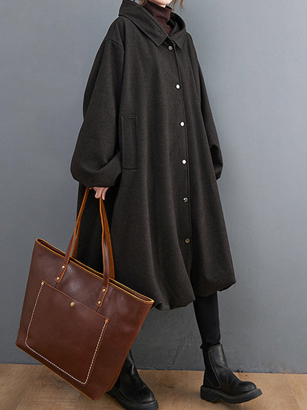 Buttoned Pockets Solid Color High-Low Long Sleeves Hooded Woolen Coat